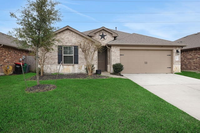 ranch-style house with an attached garage, a front lawn, driveway, brick siding, and a shingled roof