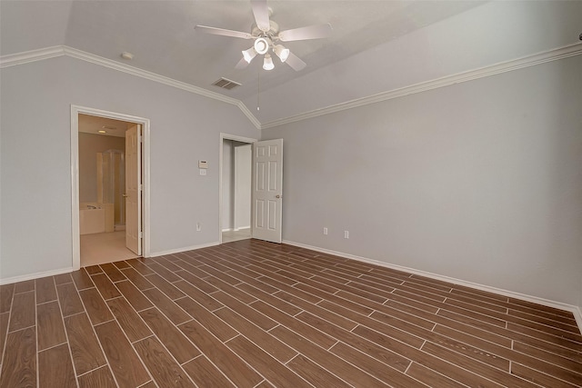 spare room featuring ceiling fan, visible vents, crown molding, dark wood-style floors, and lofted ceiling