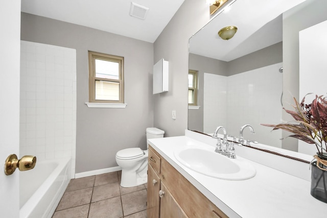 full bath featuring visible vents, baseboards, toilet, vanity, and tile patterned flooring