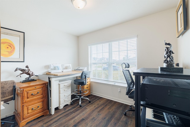 office space with dark wood finished floors and baseboards