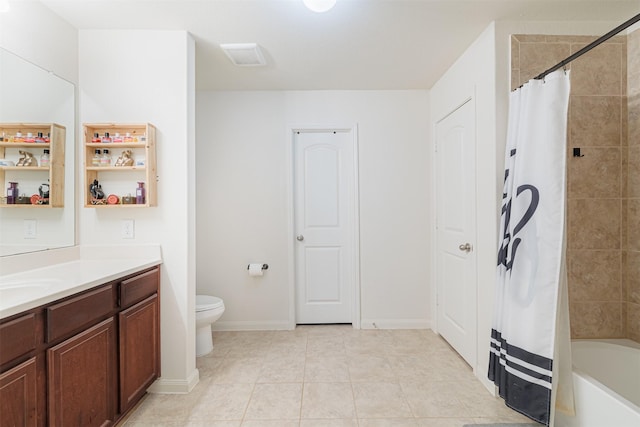 full bath with vanity, toilet, tile patterned flooring, shower / bathtub combination with curtain, and a closet