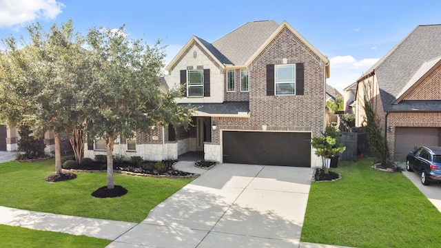 view of front of home featuring brick siding, concrete driveway, a front lawn, stone siding, and a garage