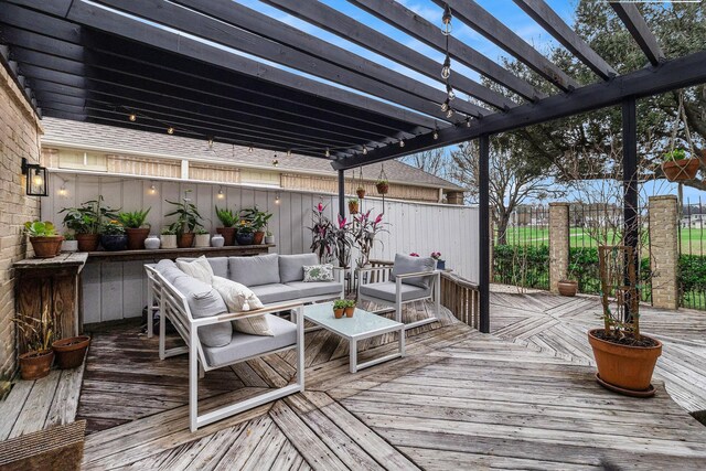 506 Fox Briar Ln, Sugar Land, TX 77478 - wooden terrace with an outdoor hangout area and a pergola