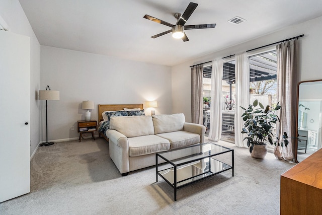 506 Fox Briar Ln, Sugar Land, TX 77478 - bedroom with access to exterior, light carpet, baseboards, and ceiling fan