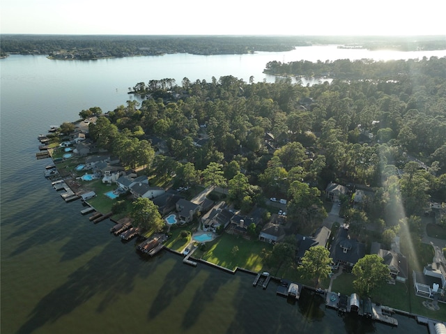 drone / aerial view featuring a view of trees and a water view