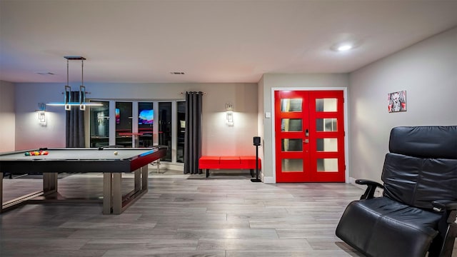 game room featuring baseboards, visible vents, billiards, and wood finished floors