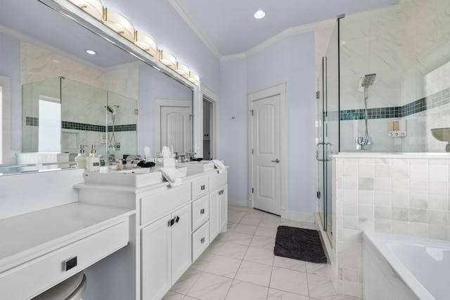 bathroom featuring a sink, marble finish floor, ornamental molding, a shower stall, and double vanity