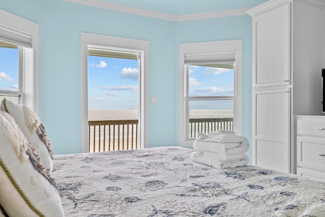 bedroom featuring access to outside and ornamental molding