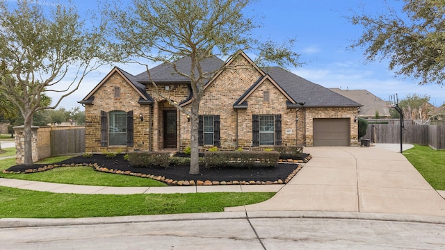 view of front of property with brick siding, an attached garage, fence, and concrete driveway