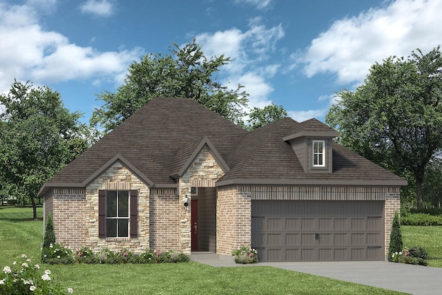 view of front of property featuring brick siding, a front yard, a garage, and stone siding