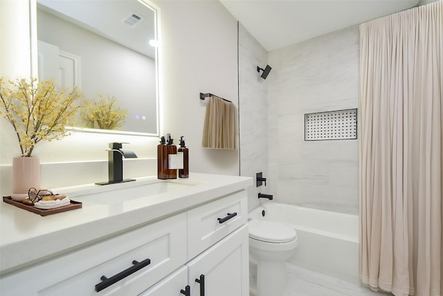 bathroom featuring visible vents, marble finish floor, toilet, vanity, and shower / bath combo with shower curtain