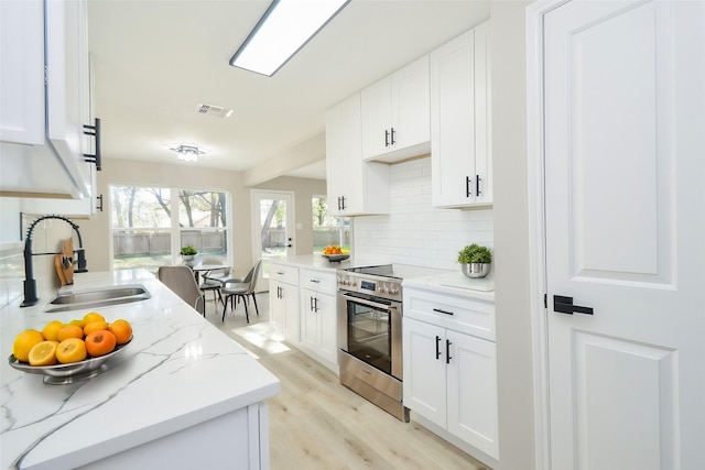 kitchen with a sink, visible vents, white cabinets, and electric range