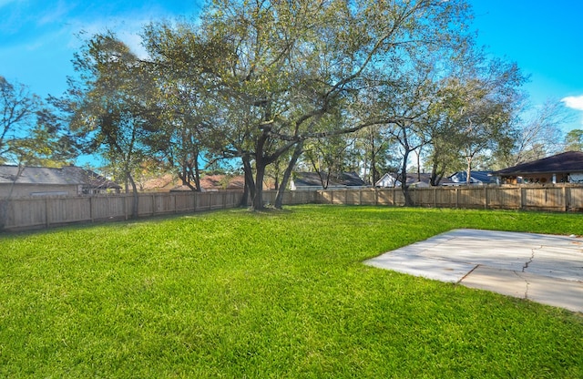 view of yard with a fenced backyard and a patio