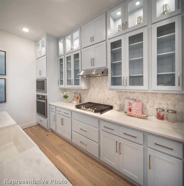 kitchen featuring light stone counters, glass insert cabinets, under cabinet range hood, light wood-type flooring, and appliances with stainless steel finishes