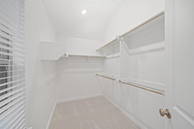 spacious closet featuring vaulted ceiling and light carpet