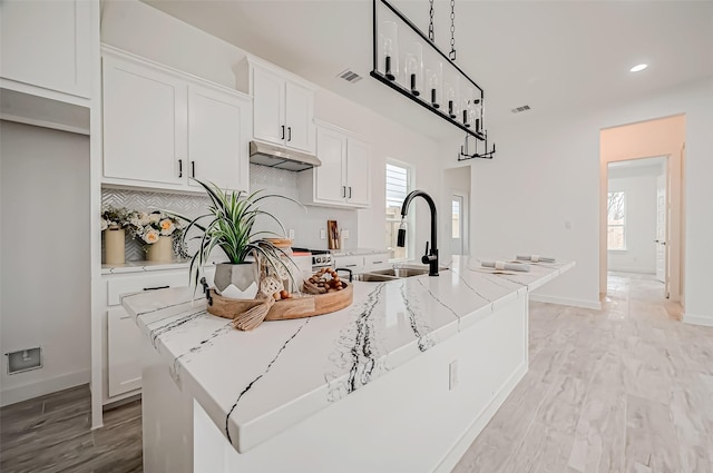 kitchen with under cabinet range hood, a sink, a center island with sink, decorative backsplash, and white cabinetry