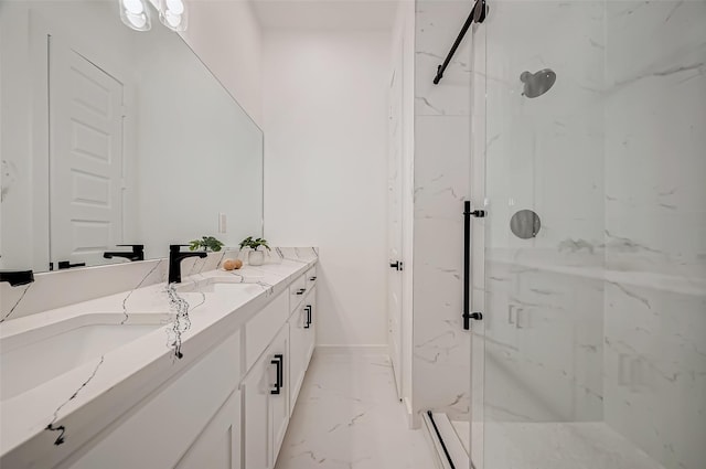 9418 Madera Rd, Houston, TX 77078 - bathroom featuring a marble finish shower, marble finish floors, double vanity, and baseboards