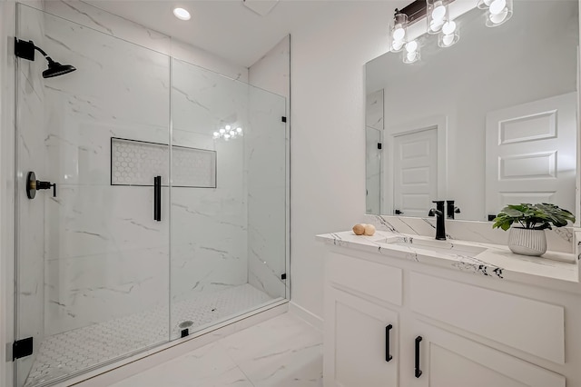 9418 Madera Rd, Houston, TX 77078 - full bathroom with marble look tiles, a marble finish shower, and vanity