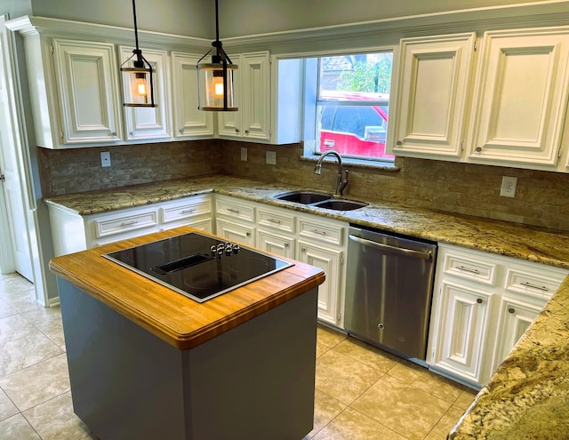 kitchen featuring black electric stovetop, a sink, a kitchen island, white cabinetry, and stainless steel dishwasher