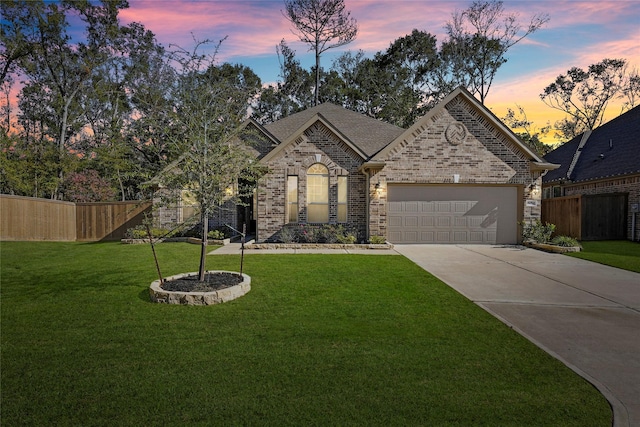 french country inspired facade with driveway, a garage, fence, and brick siding