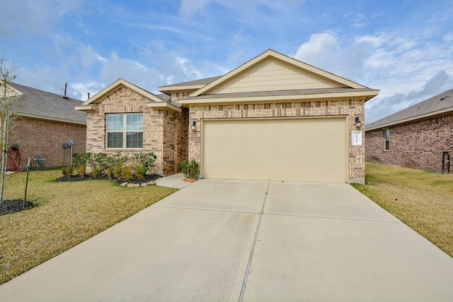 ranch-style home featuring a garage, brick siding, driveway, and a front lawn