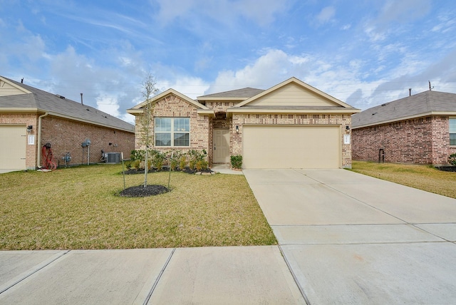 view of front of house with driveway, an attached garage, central air condition unit, a front yard, and brick siding