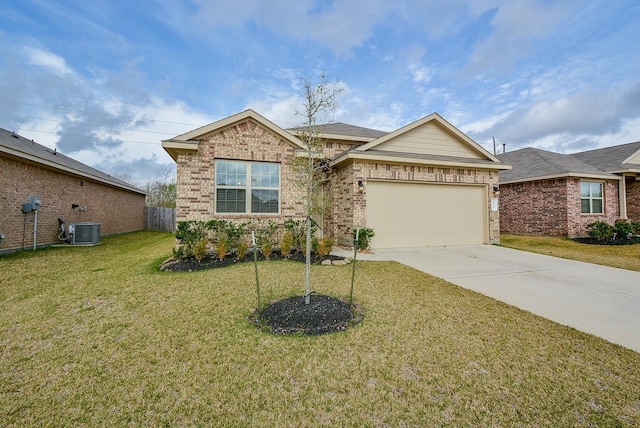 single story home featuring brick siding, central air condition unit, a garage, driveway, and a front lawn