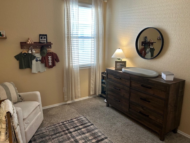 living area with a textured wall, carpet, and baseboards