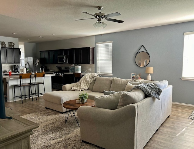 living area with light wood finished floors, a ceiling fan, and a textured ceiling