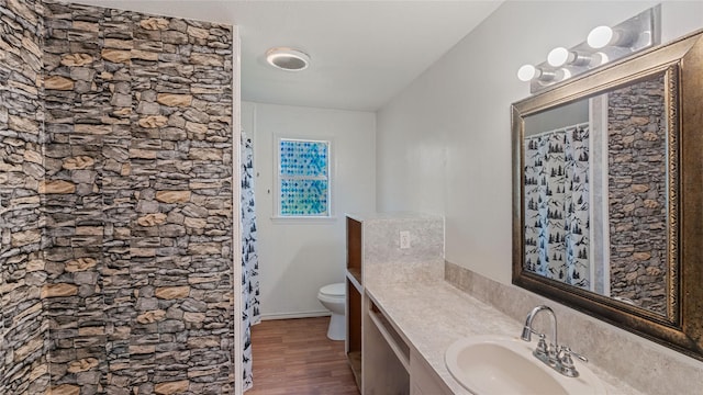 full bathroom featuring a shower with curtain, vanity, toilet, and wood finished floors