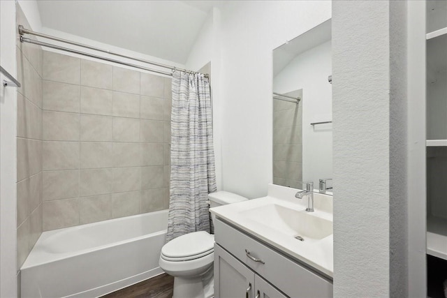 full bathroom with shower / bath combo, vanity, toilet, and wood finished floors