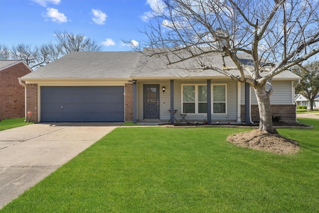 ranch-style house with a garage, a front yard, and brick siding