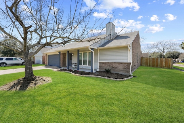 ranch-style home featuring brick siding, a chimney, an attached garage, a front yard, and fence