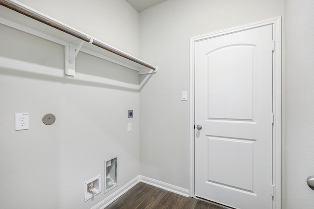 clothes washing area with laundry area, washer hookup, baseboards, dark wood-style floors, and electric dryer hookup