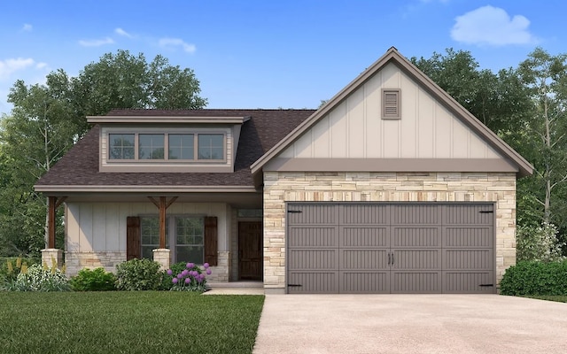 view of front facade with a garage, concrete driveway, stone siding, board and batten siding, and a front yard