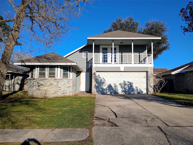 view of front of house with brick siding, roof with shingles, concrete driveway, a garage, and a front lawn