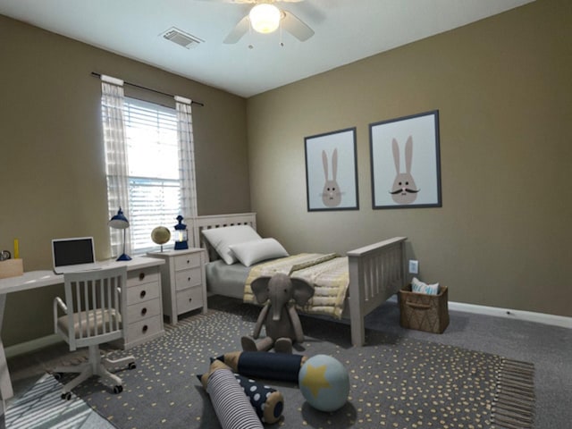 carpeted bedroom featuring visible vents, ceiling fan, and baseboards