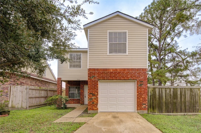 view of front of house with driveway, an attached garage, fence, and brick siding