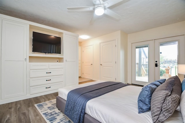 653 Davis Rd, League City, TX 77573 - bedroom with french doors, access to exterior, ceiling fan, and wood finished floors