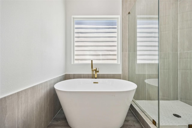 full bath featuring a wainscoted wall, a freestanding bath, and a stall shower