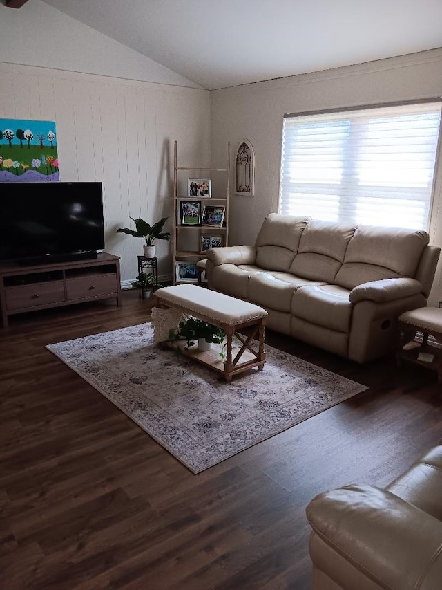 living area featuring dark wood-style flooring and vaulted ceiling