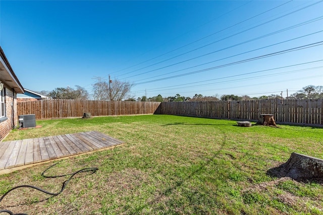 view of yard featuring a fenced backyard and central air condition unit