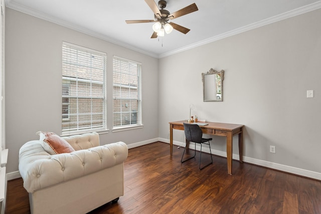 home office featuring dark wood-style floors, ceiling fan, baseboards, and crown molding