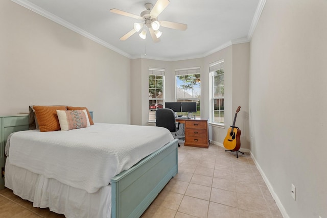 bedroom with light tile patterned floors, ornamental molding, and baseboards