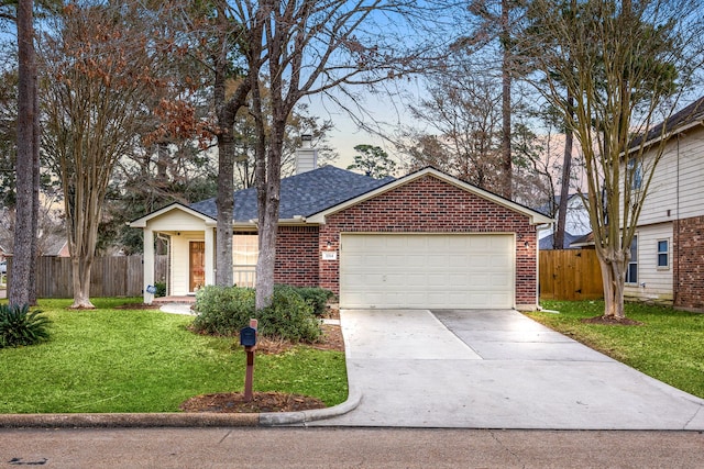 single story home with brick siding, a shingled roof, an attached garage, fence, and a front yard