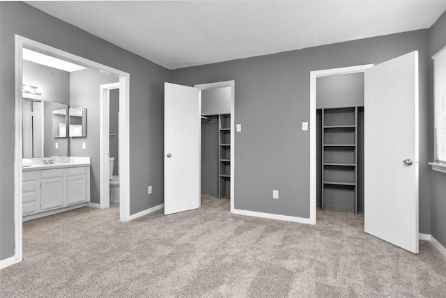 11330 Sunfish Ln, Houston, TX 77067 - unfurnished bedroom with a walk in closet, carpet, baseboards, a sink, and a textured ceiling