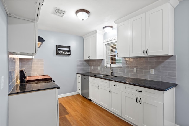 11707 Bowie Dr, La Porte, TX 77571 - kitchen featuring a sink, visible vents, white cabinetry, light wood-style floors, and dishwasher