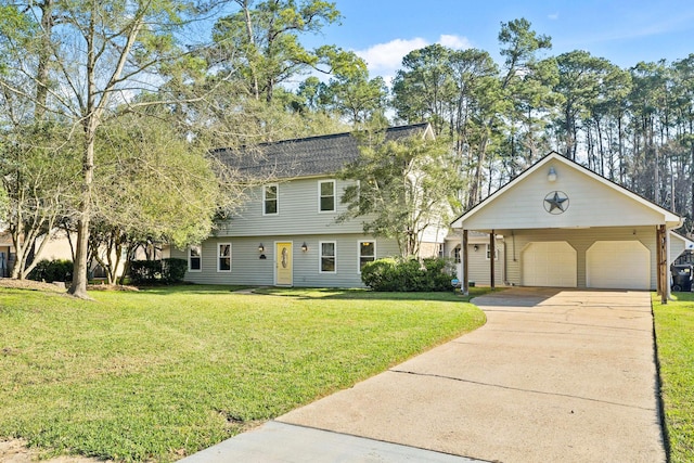 colonial-style house featuring concrete driveway, roof with shingles, and a front lawn