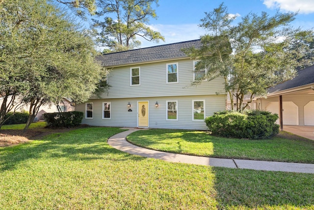 colonial house featuring a garage and a front yard