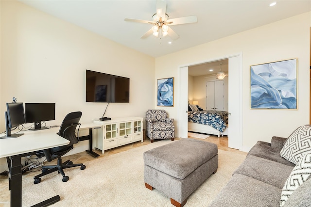 carpeted office space featuring recessed lighting and ceiling fan